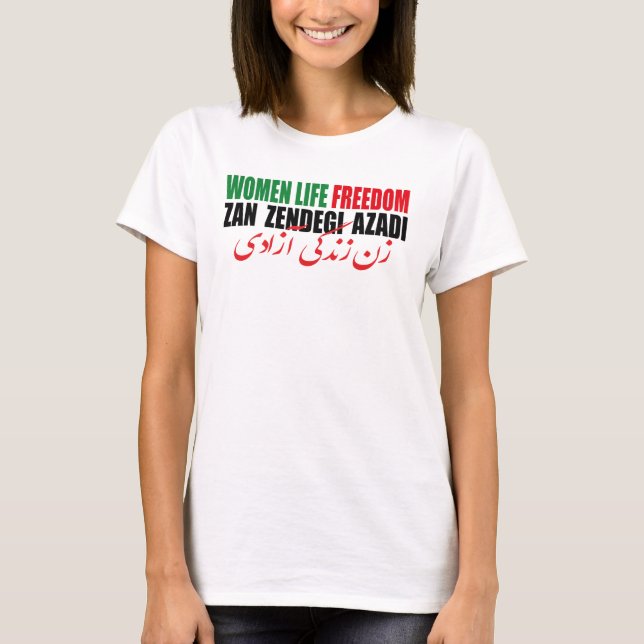 Camiseta Mulher Liberdade Irã Zan Zendegi Azadi Persa (Frente)