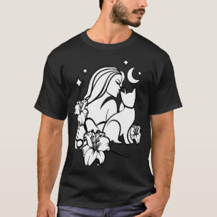 Camiseta Mulher Lírios Flores Gato Fantasia Lua Glamour Gót