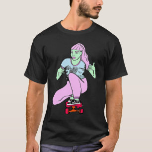 Camiseta Mulher Loira de Cabelo Rosa Agachada Aloha Pendura