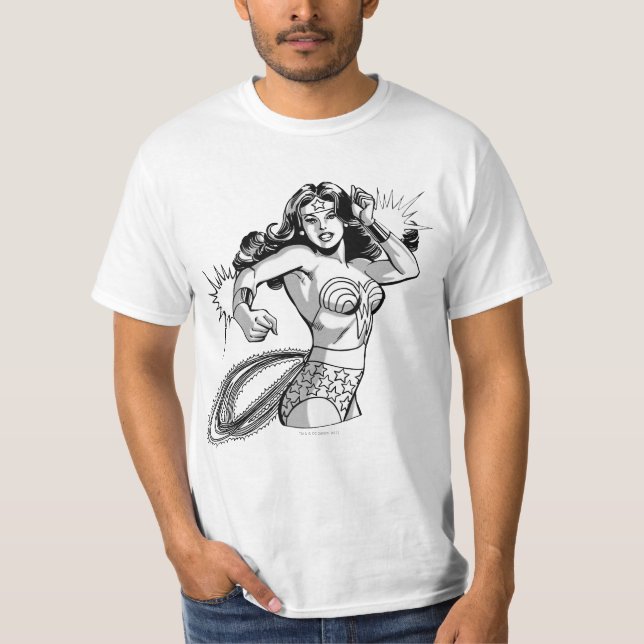 Camiseta Mulher Maravilha Preta e Defensora Branca (Frente)