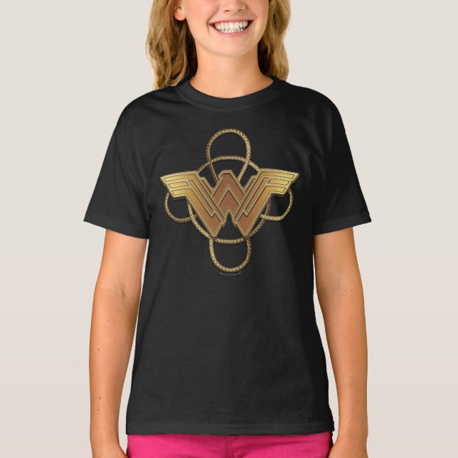 Camiseta Mulher Maravilha Símbolo Dourado sobre Laço (Frente)