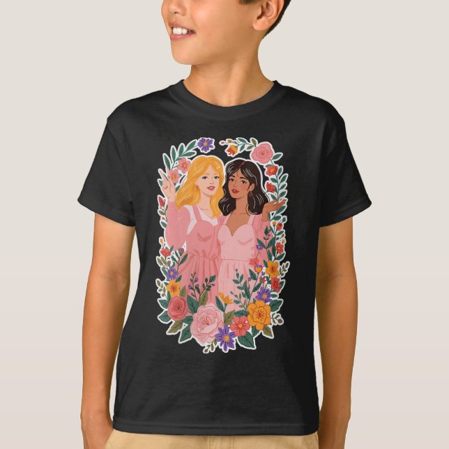 Camiseta Mulher Meninas Amizade Bloom Ies Irmandade Junto (Frente)