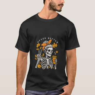 Camiseta Mulher Mensagem Bun Skeleton Bebendo Café Hallowee