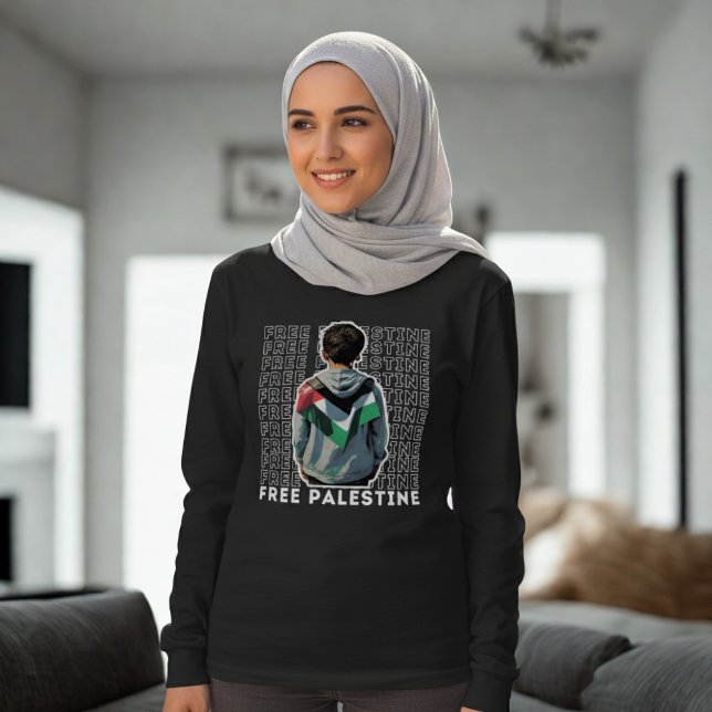 Camiseta Mulher muçulmana grátis PALESTINA manga negra (Criador carregado)