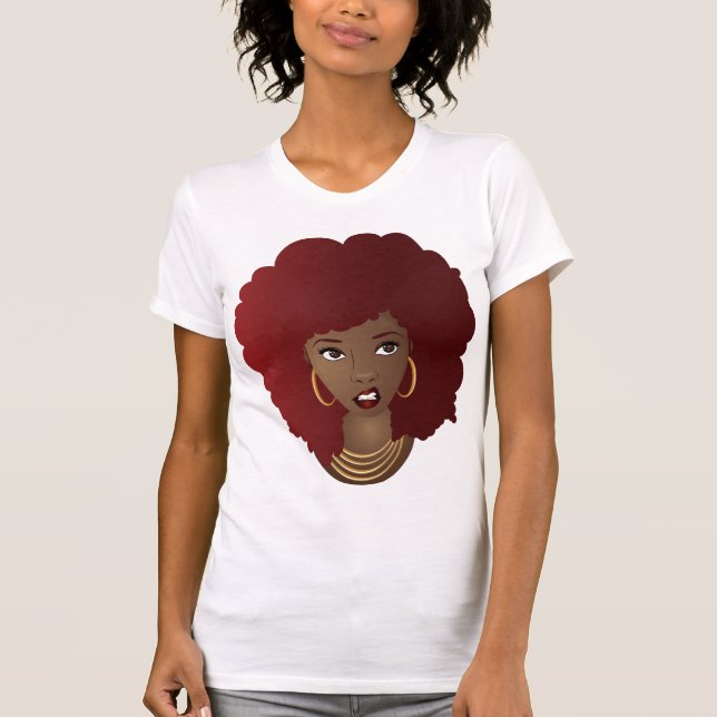 Camiseta Mulher Negra, Afro Vermelho, Expressão Enrugada (Frente)