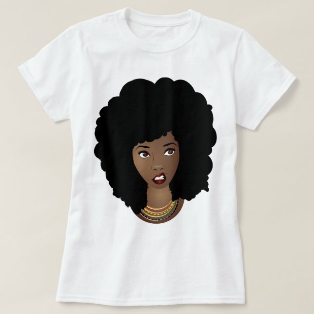 Camiseta Mulher Negra, Cabelo Natural, Expressão Enrugada (Frente do Design)