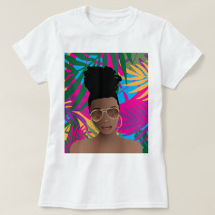 Camiseta Mulher Negra com Cachorros, Folhas Tropicais Color
