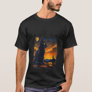 Camiseta Mulher Negra Gato Starry Night Van Gogh Pumpkins B