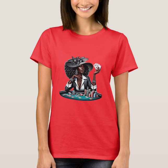 Camiseta Mulher Negra Jogo Cartões Casino Cartões Poker Art (Frente)