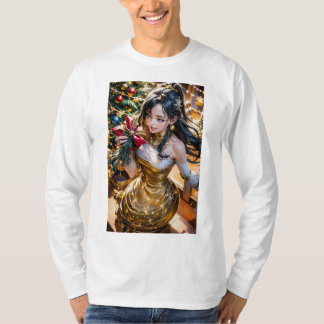 Camiseta mulher num vestido de ouro segurando uma rosa verm