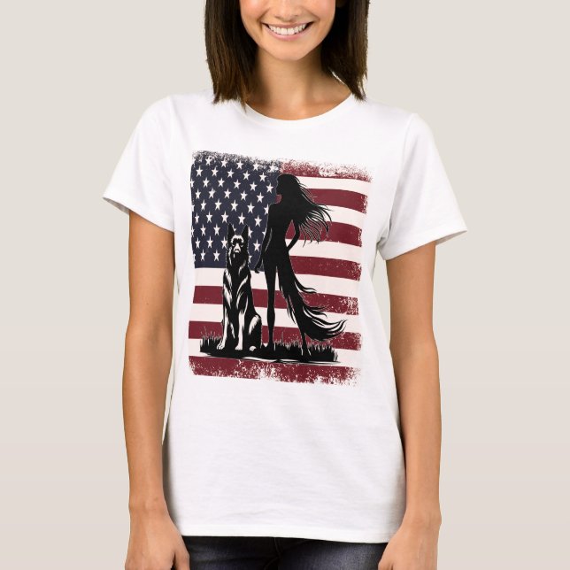 Camiseta Mulher Patriótica e Espírito German shepherd Unido (Frente)