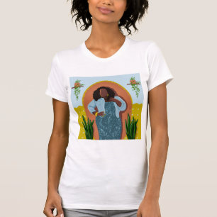 Camiseta Mulher Preta Curva, Plantas Domésticas, Amarelo e
