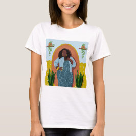 Camiseta Mulher Preta Curva, Plantas Domésticas, Amarelo e 