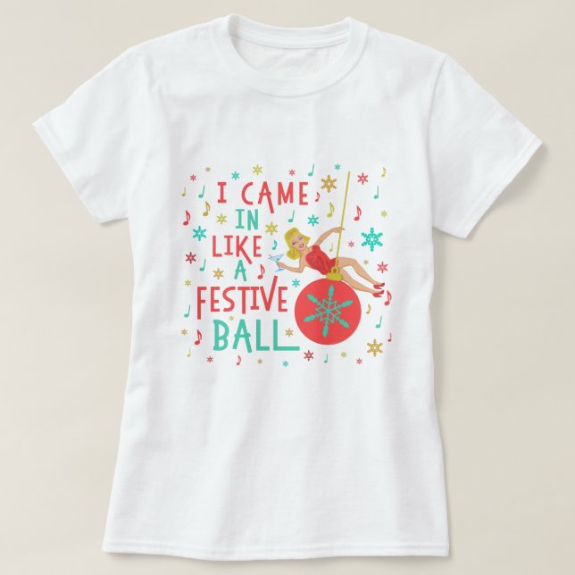Camiseta Mulher retro do Natal engraçado na bola festiva do (Frente do Design)