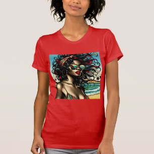 Camiseta Mulher retrora na arte Pop do estilo de banda dese