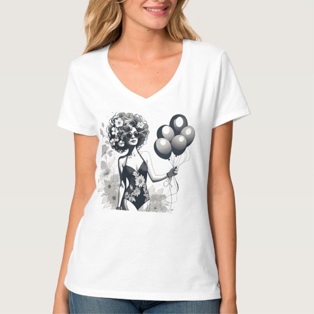 Camiseta Mulher segurando um monte de balões, linha de silh (Frente)