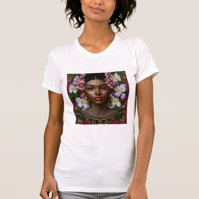 Camiseta Mulher Serena Afro-Americana com Flores (Frente)
