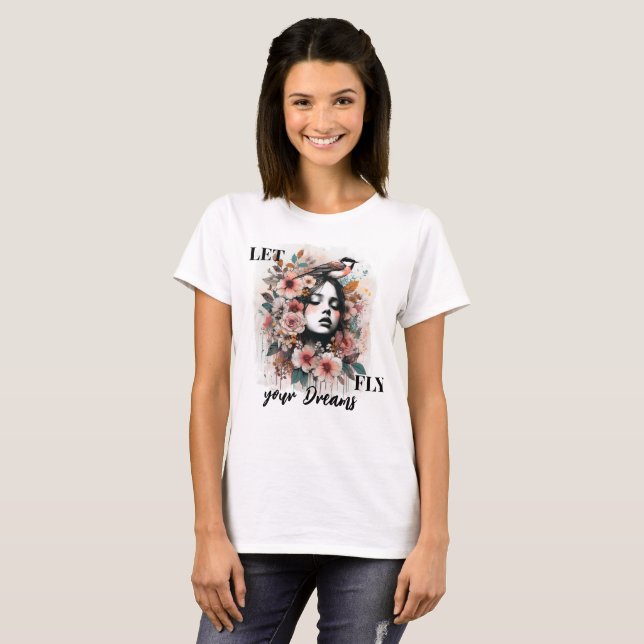 Camiseta Mulher Sonhadora com Flores e Citação Motivacional (Frente Completa)