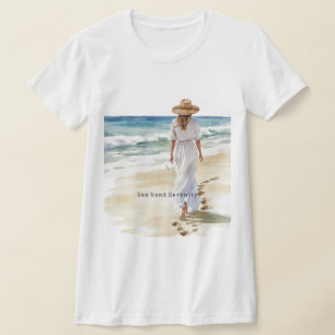 Camiseta Mulher Vestido Branco Praia Mar Areia Serenidade