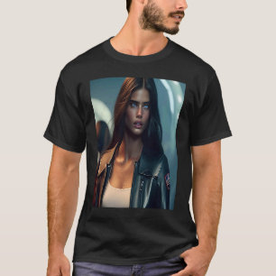 Camiseta Mulher Vestindo Jaqueta de Couro Preto de Motoquei