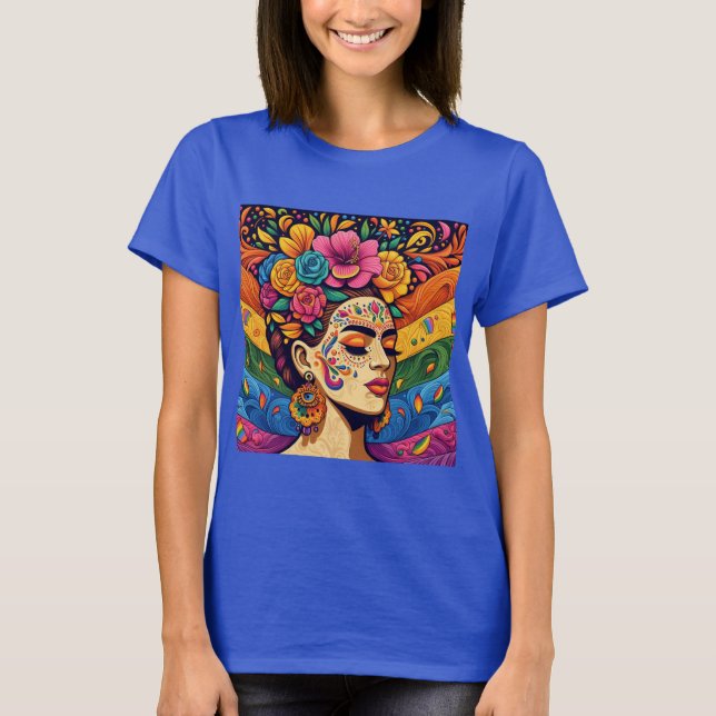 Camiseta Mulher Vibrante com flores em T-Shirt (Frente)