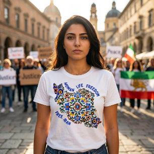 Camiseta Mulher Vida Liberdade Azulejos Persas Azuis