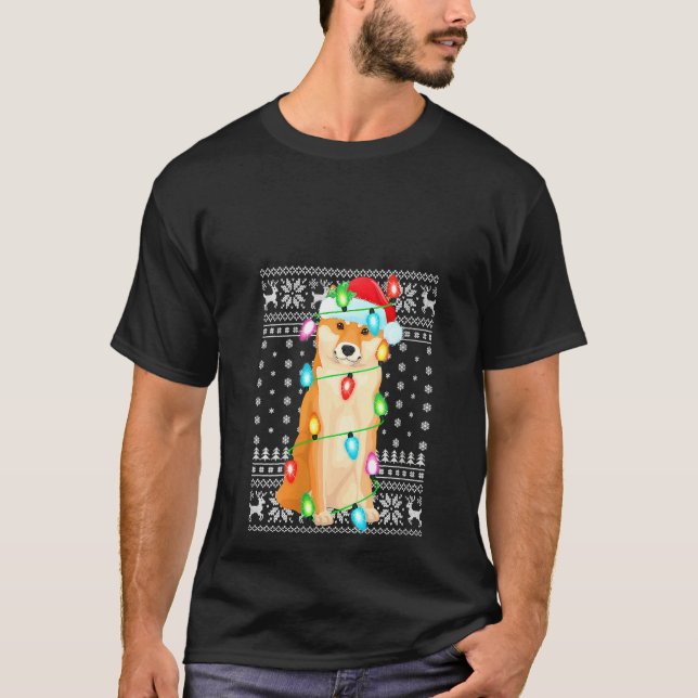 Camiseta Mulher Xmas Lighting Santa Hat Ugly Shiba Inu Chri (Frente)