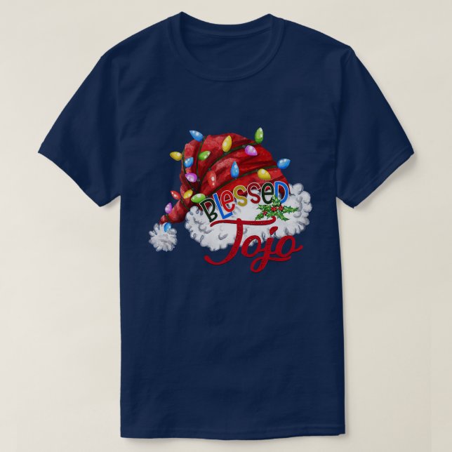 Camiseta Mulheres Abençoadas Jojo Santa Hat Xmas Light (Frente do Design)