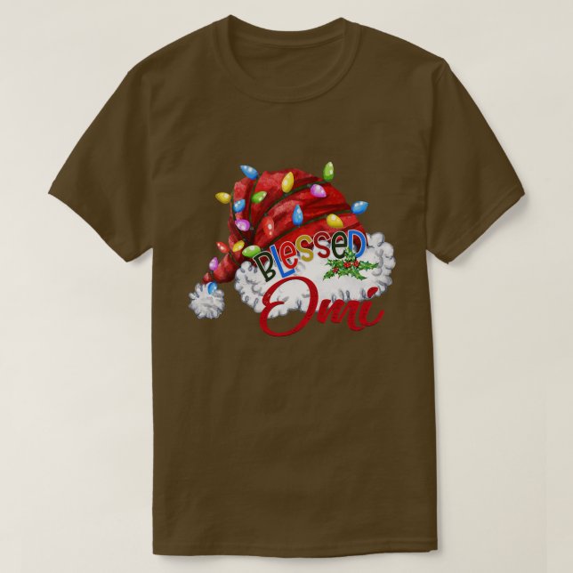 Camiseta Mulheres Abençoadas Omi Santa Hat Xmas Light (Frente do Design)