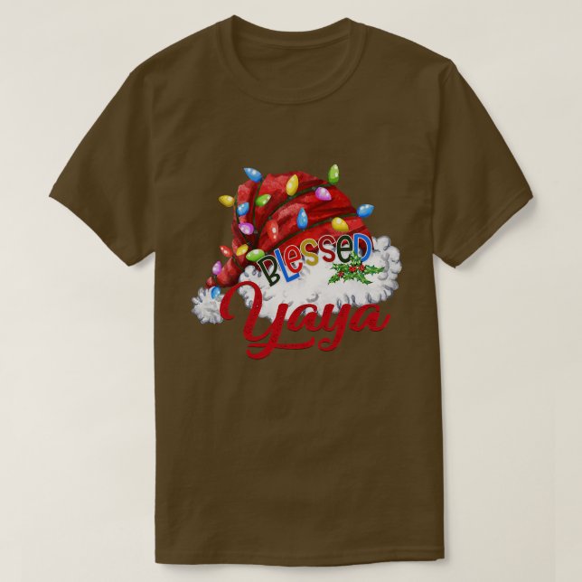 Camiseta Mulheres Abençoadas Yaya Santa Hat Xmas Light (Frente do Design)