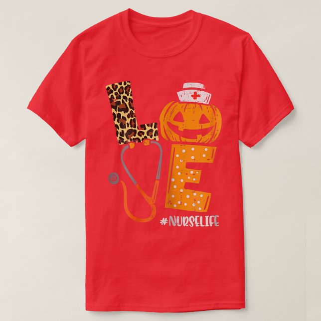 Camiseta Mulheres Adoram Enfermeira Pumpkin Leopard Queda H (Frente do Design)