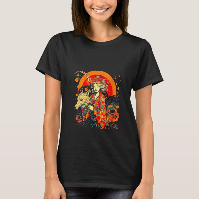 Camiseta Mulheres Amaterasu Wolf Japanes Mythology Sun Godd (Frente)
