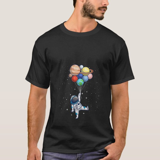 Camiseta Mulheres Astronautas Engraçadas Com Planetas Em Mã (Frente)