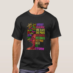 Camiseta Mulheres August Girl Ela Apresenta e reza o nascim