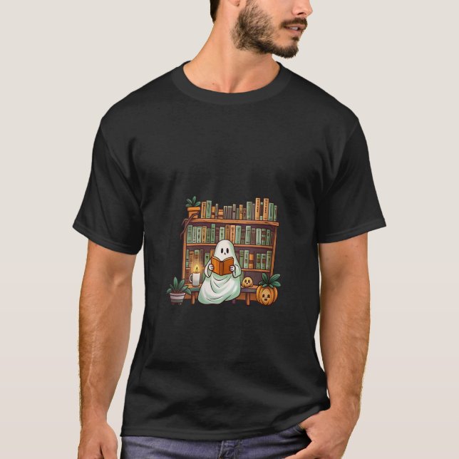 Camiseta Mulheres Bookish Ghost Spooky Library for Book Lov (Frente)