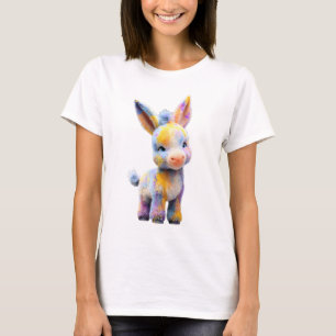 Camiseta Mulheres Burro Bebê Arco-íris Aquarela Pastel
