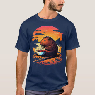 Camiseta Mulheres Capybara Comendo Ramen Retro Vintage Capi