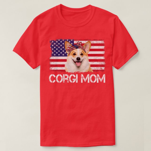 Camiseta Mulheres Corgi Mãe Bandeira Dos Eua Quarta Da Mulh (Frente do Design)