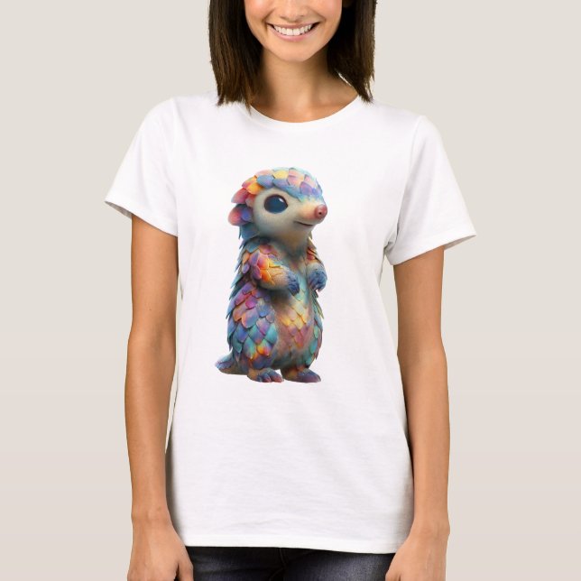 Camiseta Mulheres Criatura Pangolim Escala Pastel Arco-íris (Frente)