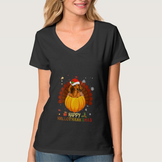 Camiseta Mulheres Dachshund Halloween E Feliz Natal (Frente)