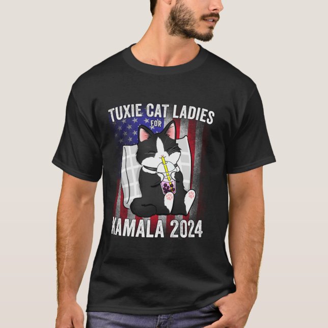 Camiseta Mulheres de Gato Tuxie para Kamala 2024 Presidenci (Frente)
