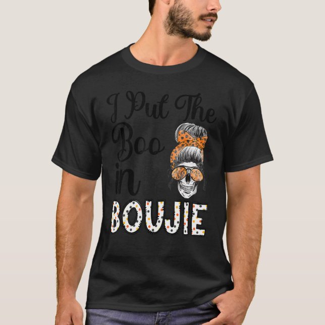 Camiseta Mulheres de Halloween Mensagem Bun Eu Coloquei O B (Frente)