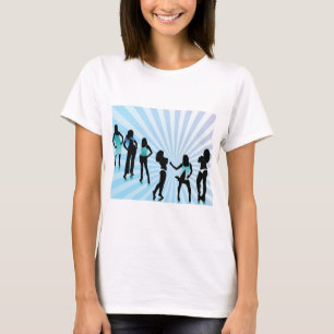 Camiseta Mulheres Elegantes Silhuetas Azul Teal Moda