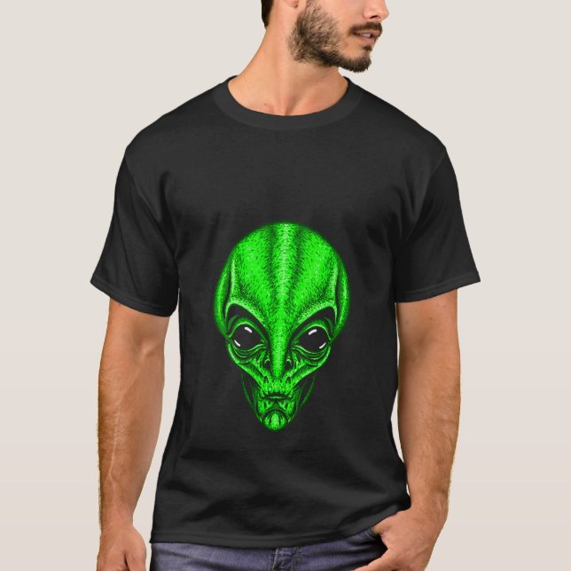 Camiseta Mulheres Engraçadas Alienígena Verde Cute UFO V Pe (Frente)