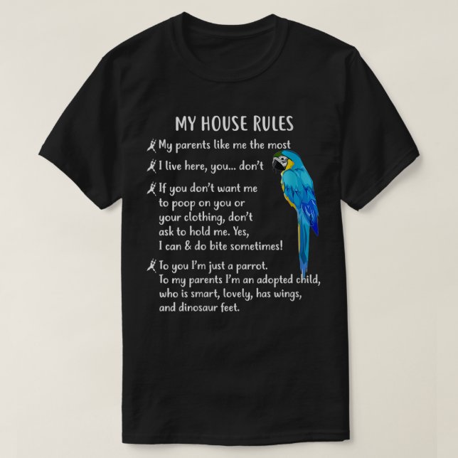 Camiseta Mulheres Engraçadas Azul e Dourado Macaw Minha Cas (Frente do Design)