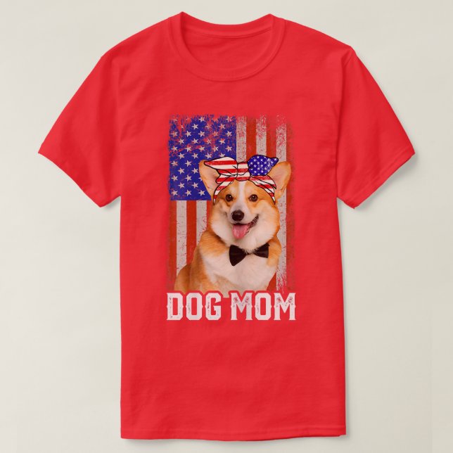 Camiseta Mulheres Engraçadas Cachorro Corgi Mãe EUA Bandeir (Frente do Design)