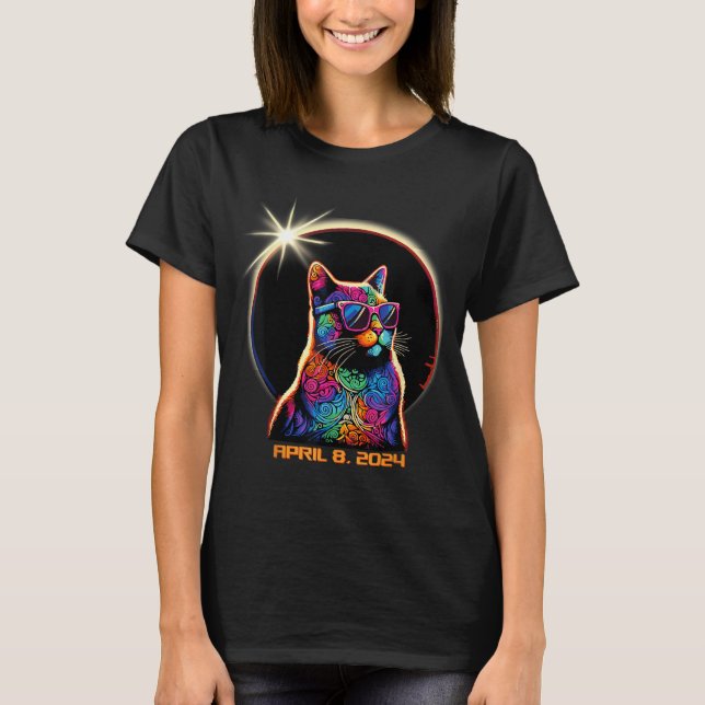 Camiseta Mulheres Engraçadas Eclipse Solar Gato Eclipse Sol (Frente)