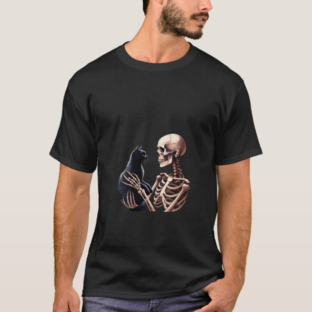 Camiseta Mulheres Engraçadas Esqueleto Brincando Com Um Grá (Frente)