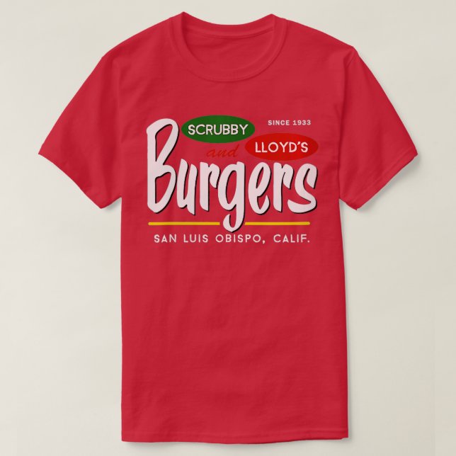 Camiseta Mulheres Escrubby Lloyds Burgers San Luis Obispo C (Frente do Design)
