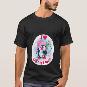 Camiseta Mulheres Eu Coração Pinguim De Natal Adorando Cane